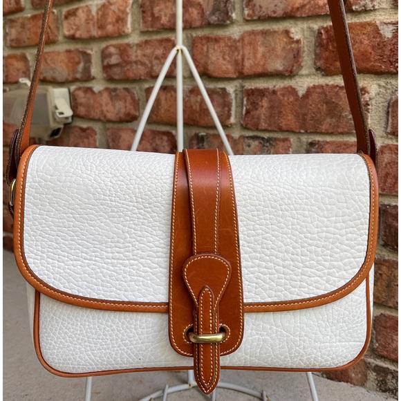 Vintage Dooney & Bourke AWL Leather Off White Tan Crossbody Saddle Bag - Picture 1 of 12